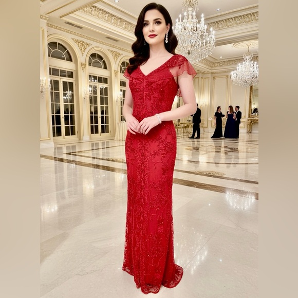 Stunning Scarlet hand, beaded, and Lace evening dress